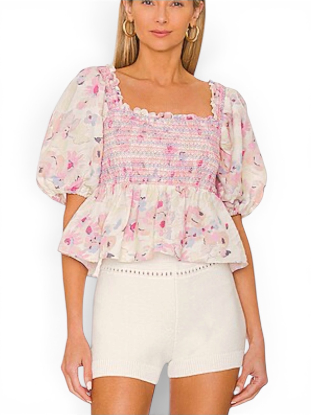 Something Navy Floral Puffed Sleeve Blouse Linen Cotton Size Small